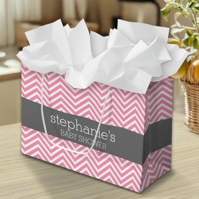 Grand Sac Cadeau Collection Baby shower Pastel Pink & Grey Chevrons (Custom Gift Bag)