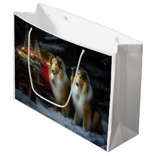 Grand Sac Cadeau Collie Rough Neigeux Traîneau Décor Noël