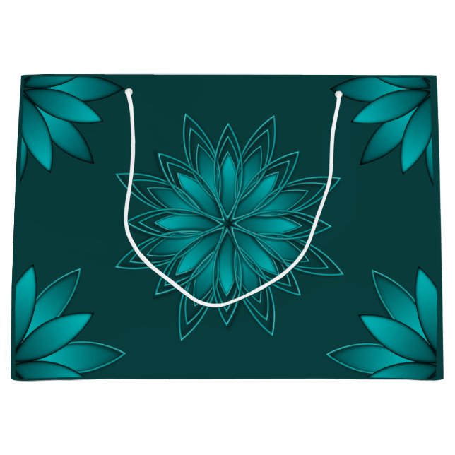 Grand Sac Cadeau Conception de mandala à feuilles sarcelles sur fon (Devant)