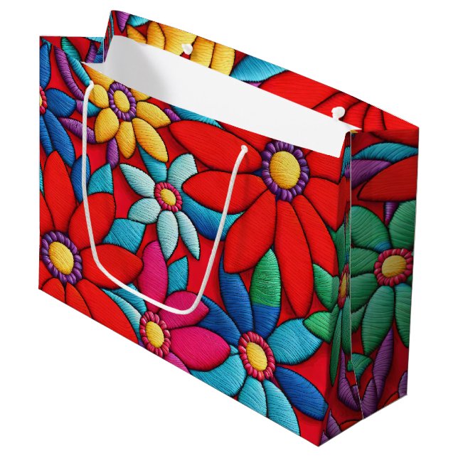 Grand Sac Cadeau Conception de marguerite brodée (Devant Angle)