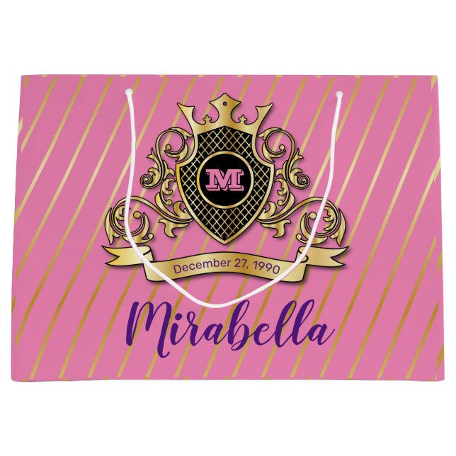 Grand Sac Cadeau Conception de monogramme rose et Gol élégant (Devant)