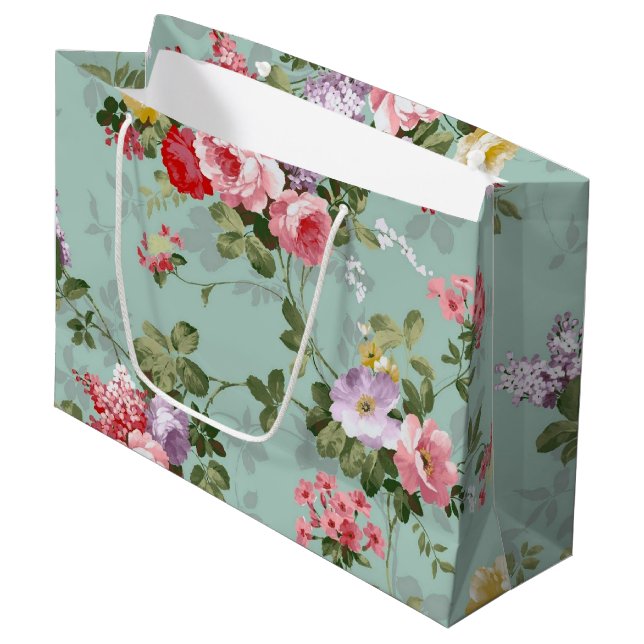 Grand Sac Cadeau Conception vintage de fleurs vertes (Devant Angle)