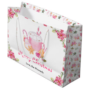 Grand Sac Cadeau Cookies de vacances et cacao rose Joyeux Noël