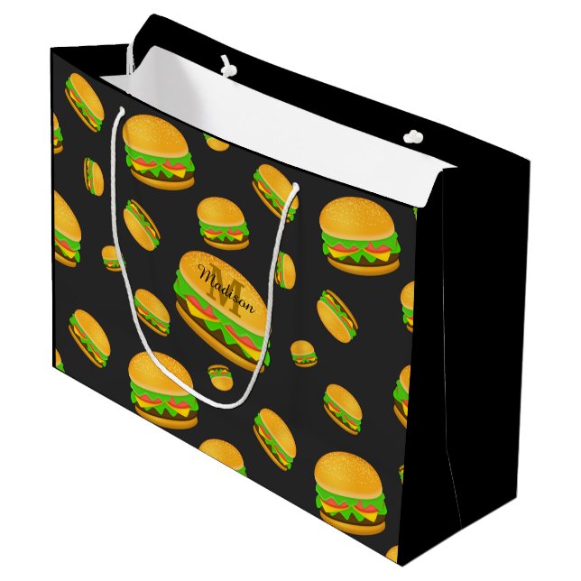 Grand Sac Cadeau Cool et amusant yummy burger motif Monogramme (Devant Angle)