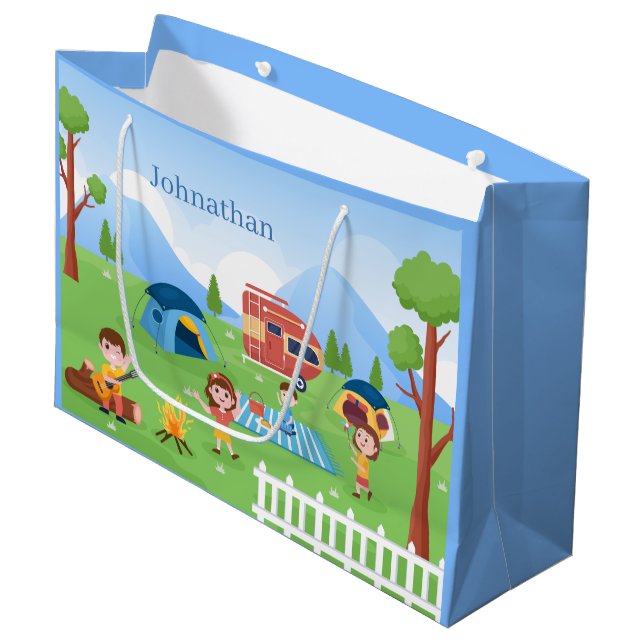 Grand Sac Cadeau cool kids camping party unisex ajouter nom (Devant Angle)