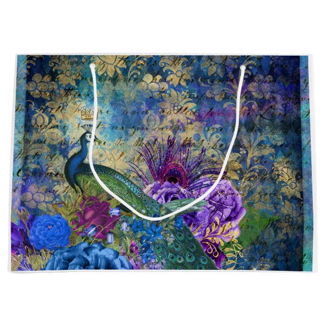 Grand Sac Cadeau Coq couronné sur la flore violette bleue (Devant)