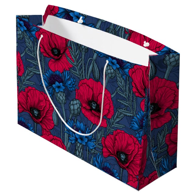 Grand Sac Cadeau Coquelicots rouges et fleurs bleues sur bleu (Dos Angle)