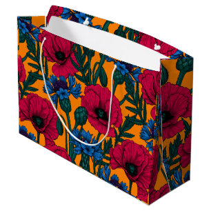 Grand Sac Cadeau Coquelicots rouges et fleurs de maïs bleues sur or