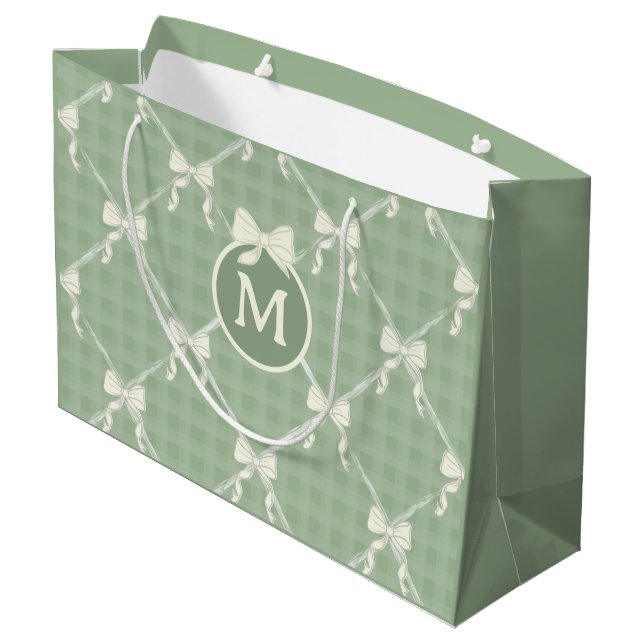 Grand Sac Cadeau Coquette Bows Gingham Monogram Cream Sage Green  (Dos Angle)