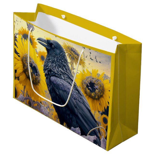 Grand Sac Cadeau Corbeau dans le champ de tournesol (Devant Angle)