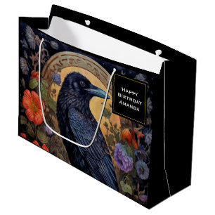 Grand Sac Cadeau Corbeau noir aux fleurs Design gothique Anniversai