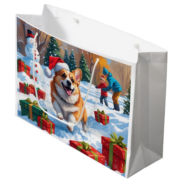 Grand Sac Cadeau Corgi coule en neige avec Casquette de Noël (Devant Angle)