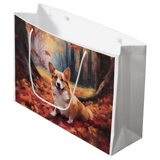 Grand Sac Cadeau Corgi dans les feuilles d'automne automne automne  (Devant Angle)