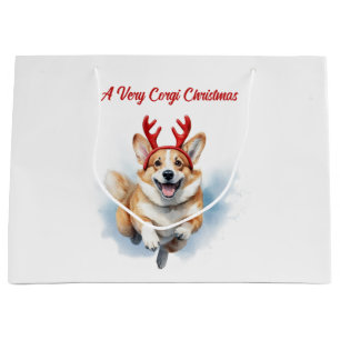 Grand Sac Cadeau Corgi de Noël avec des bois de rennes bondissant