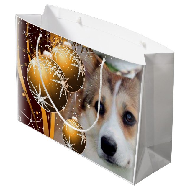 Grand Sac Cadeau Corgi de vacances avec des ampoules (Dos Angle)