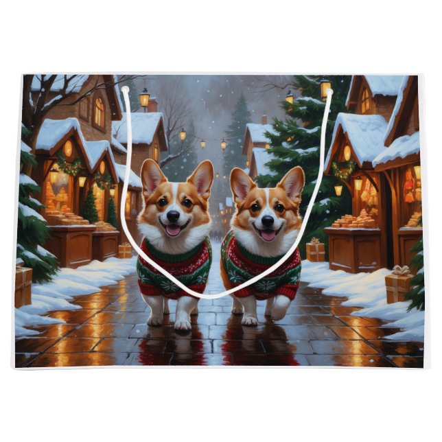 Grand Sac Cadeau Corgi Dogs Christmas Snow Holiday (Devant)