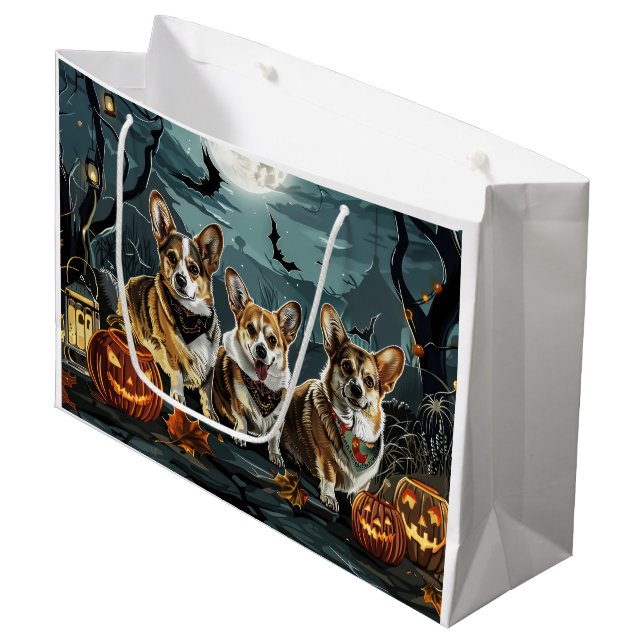 Grand Sac Cadeau Corgi Halloween Éffrayant (Devant Angle)