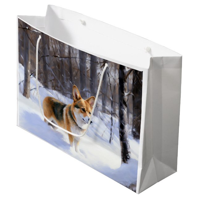 Grand Sac Cadeau Corgi laisse neiger Noël (Devant Angle)