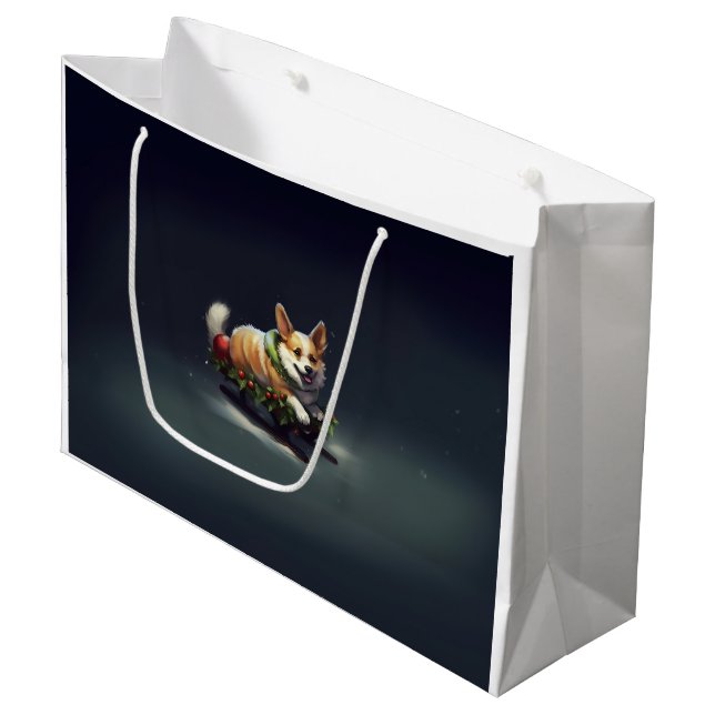 Grand Sac Cadeau Corgi neige de Noël hiver (Devant Angle)