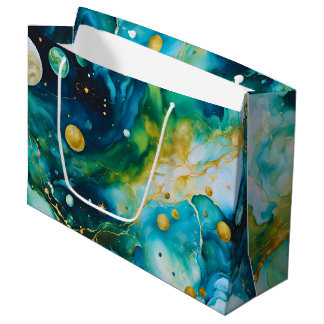 Grand Sac Cadeau Cosmos d'encre d'alcool bleu vert or