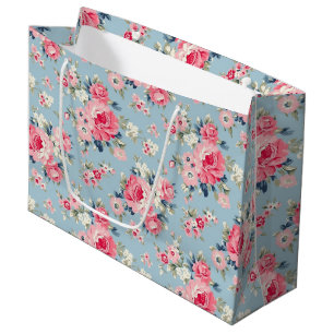 Grand Sac Cadeau Cottage Roses roses sur Arrière - plan bleu