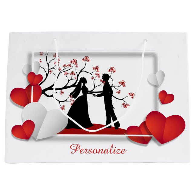 Grand Sac Cadeau Couple romantique Silhouette Coeurs rouges Personn (Devant)