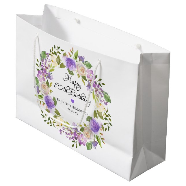 Grand Sac Cadeau Couronne botanique florale Rose violette 80e anniv (Devant Angle)