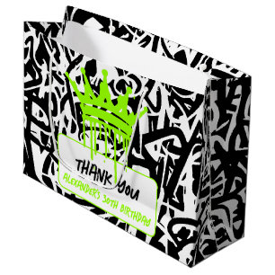 Grand Sac Cadeau Couronne de graffiti vert noir Anniversaire Merci