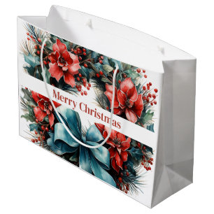 Grand Sac Cadeau Couronne de Noël aquarelle avec houx