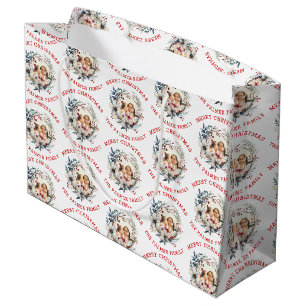 Grand Sac Cadeau Couronne de Noël avec fleurs blanches et photo