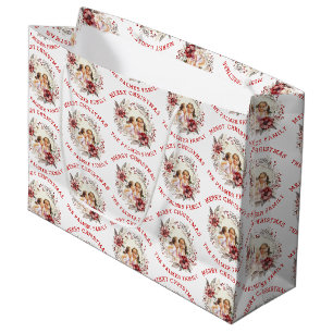 Grand Sac Cadeau Couronne de Noël avec fleurs rouges et photo