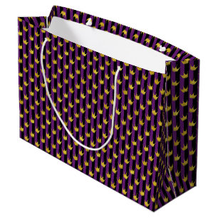 Grand Sac Cadeau Couronnes de faux or Mardi Gras avec rayures viole