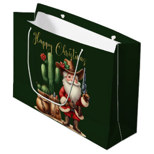 Grand Sac Cadeau Cowboy Père Noël Joyeux Noël Désert Cactus Pistol