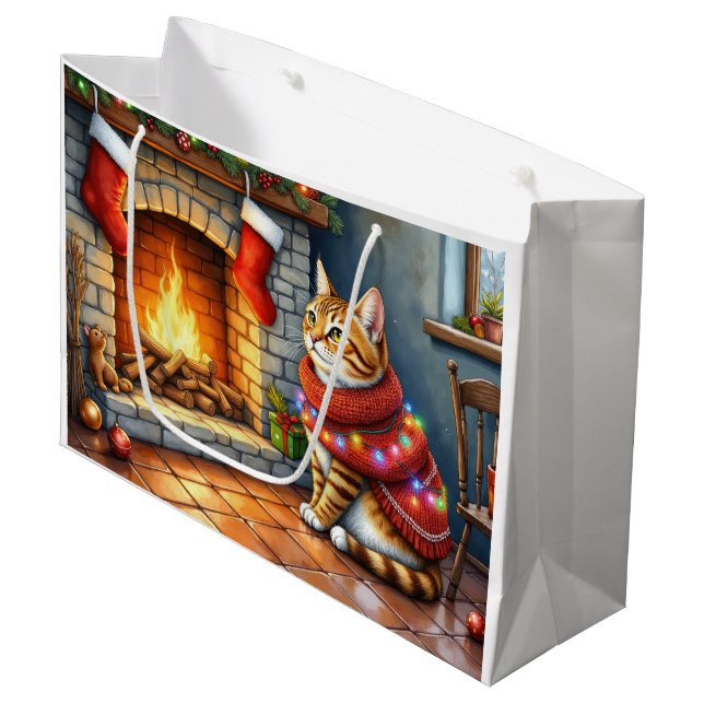 Grand Sac Cadeau Cozy Abyssinian Cat by Fireplace Christmas Lights (Devant Angle)