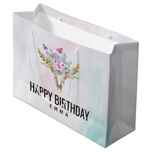 Grand Sac Cadeau Crâne Boho avec papillons et fleurs Anniversaire