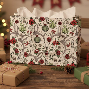 Grand Sac Cadeau Crâne de Renne Floral Sombre Dessiné à la Main Got