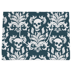Grand Sac Cadeau Crâne flamme Damas en blanc croustillant sur bleu