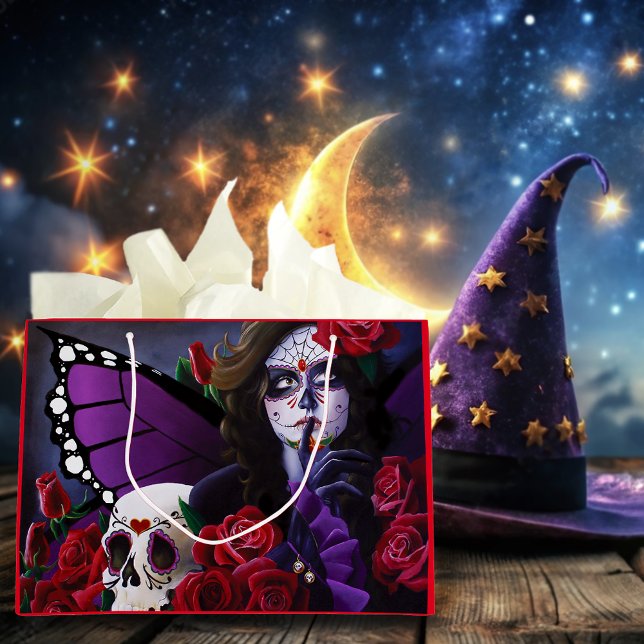 Grand Sac Cadeau Crâne sucre Roses rouges pourpre (Créateur téléchargé)