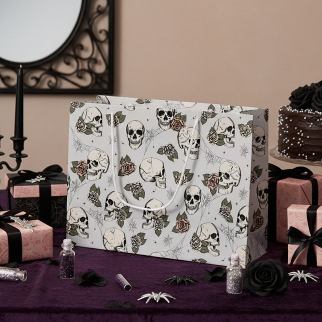 Grand Sac Cadeau Crânes gothiques gris clair et Halloween Rose (Elegant Skull and Roses Gothic Halloween Gift Bags for Her. Gothic Chic Style. Floral Skulls Pattern)