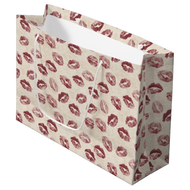 Grand Sac Cadeau Cream Red Lips Kisses Romantic Valentine's Day (Devant Angle)