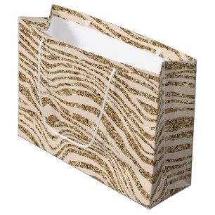Grand Sac Cadeau Crème Or Faux Paillement Zèbre 