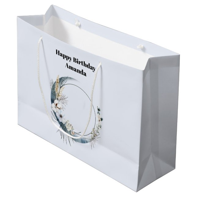 Grand Sac Cadeau Crescent Bleu Lune aux fleurs blanches Anniversair (Devant Angle)