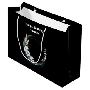 Grand Sac Cadeau Crescent Bleu Lune aux fleurs blanches Anniversair