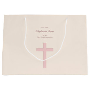 Grand Sac Cadeau Croix de rose en pastel de communion
