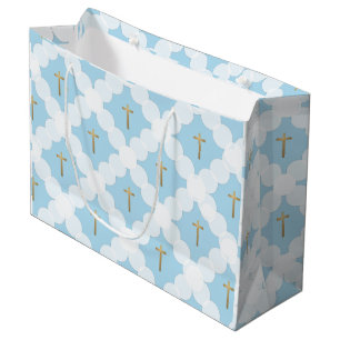 Grand Sac Cadeau Croix d'or bleu Baptême moderne