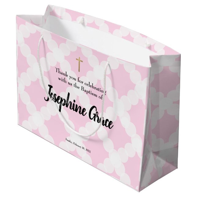 Grand Sac Cadeau Croix d'or rose Baptême de petite fille personnali (Dos Angle)