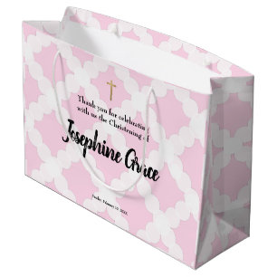Grand Sac Cadeau Croix d'or rose, baptême personnalisée pour la pet