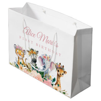 Grand Sac Cadeau Custom Name Watercolor Safari Animal Birthday