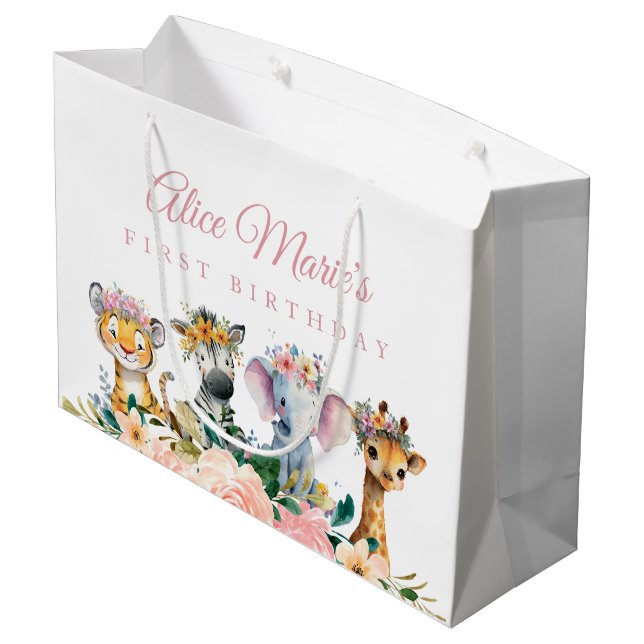 Grand Sac Cadeau Custom Name Watercolor Safari Animal Birthday (Dos Angle)