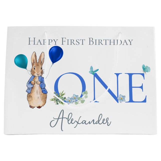 Grand Sac Cadeau Custom Pierre le lapin 1er anniversaire (Devant)